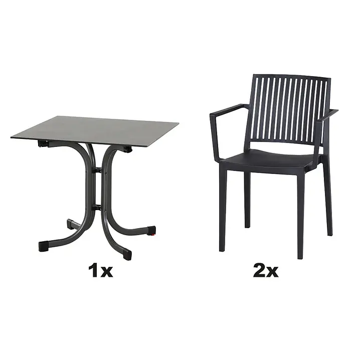 Siena Garden Urban Lights Gartenmöbel-Set Lane Sessel/Sola Tisch - 3 -tlg., Polypropylen, Anthrazit - Bild eines Tisches mit einem Gestell und zwei Stühlen mit Armlehnen.