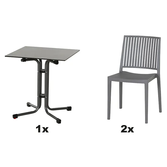 Siena Garden Urban Lights Gartenmöbel-Set Lane Stuhl/Sola Tisch - 3 -tlg., Polypropylen, Grau/Anthrazit - Grauer Klapptisch mit einem Stuhl. Der Tisch ist klein und hat ein Metallgestell. Der Stuhl ist aus Kunststoff und hat eine hohe Rückenlehne.