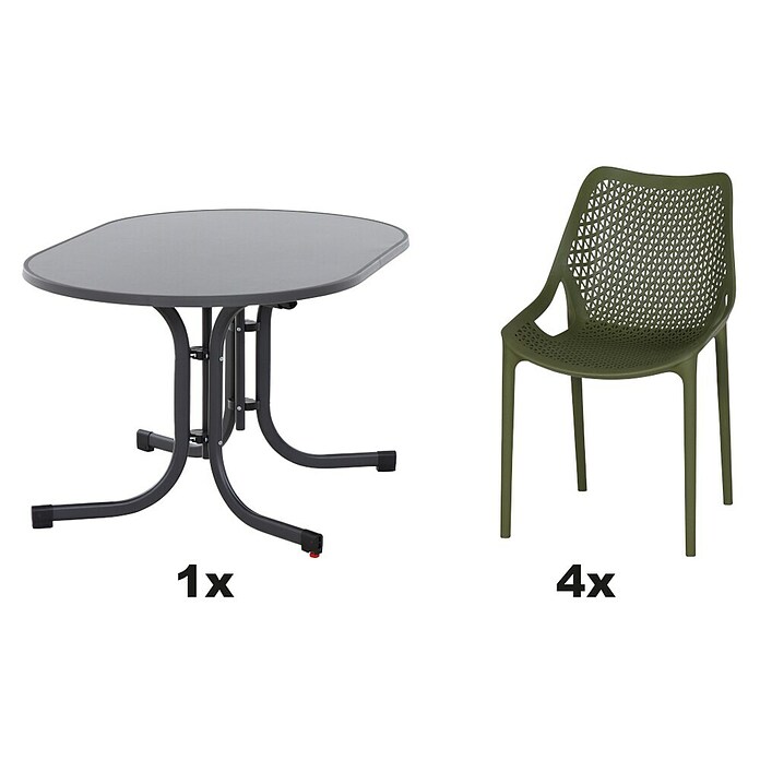 Siena Garden Urban Lights Gartenmöbel-Set District Sessel/Paco Tisch (Tisch (L x B x H): 140 x 90 x 71 cm, Sessel (L x B x H): 50 x 60 x 81 cm, 5 -tlg., Melamin, Polypropylen, Olive/Anthrazit, Stapelbar) | BAUHAUS