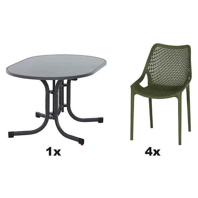 Siena Garden Urban Lights Gartenmöbel-Set District Sessel/Paco Tisch - 5 -tlg., Melamin, Polypropylen, Olive/Anthrazit - Gartentisch-Set mit einem grauen Tisch und vier olivgrünen Stühlen für den Außenbereich, ideal für Mahlzeiten im Freien.
