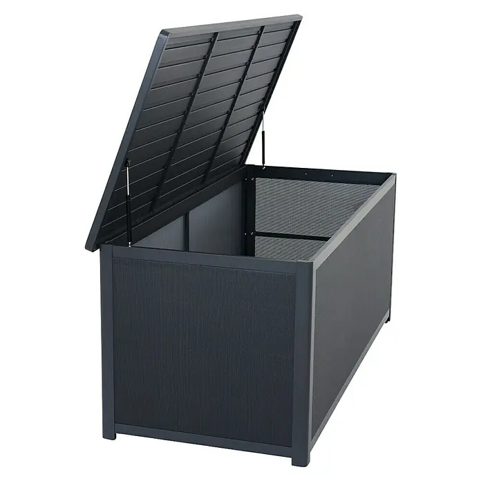 Siena Garden Garten-Aufbewahrungsbox Sabano - 181 x 79,3 x 75 cm, Aluminium, Anthrazit - Ein grauer Gartenschrank mit offenem Deckel. Der Schrank besteht aus Metall und hat eine geriffelte Oberfläche.