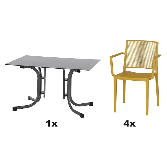 Siena Garden Urban Lights Gartenmöbel-Set Square Sessel/Sola Tisch - 5 -tlg., Polypropylen, Mustard/Anthrazit - Abbildung eines grauen Gartentisches und vier gelber Gartenstühle. Perfekt für den Außenbereich und das stilvolle Verweilen im Garten.