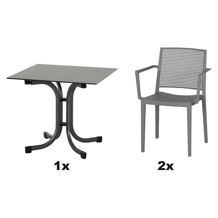 Siena Garden Urban Lights Gartenmöbel-Set Square Sessel/SolaTisch - 3 -tlg., Polypropylen, Grau/Anthrazit - Abbildung eines grauen Gartentisches und zweier passender Stühle mit Armlehnen, ideal für den Außenbereich.