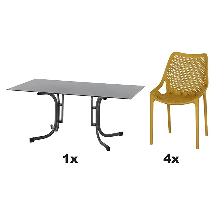 Siena Garden Urban Lights Gartenmöbel-Set District Sessel/Sola Tisch - 5 -tlg., Polypropylen, Mustard/Anthrazit - Abbildung eines grauen Esstisches mit schwarzem Gestell und vier gelben Gartenstühlen.