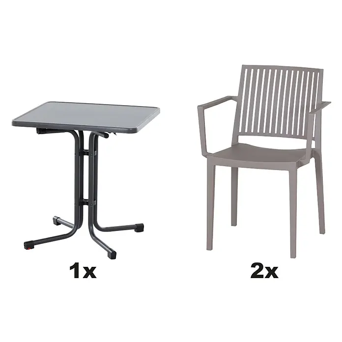 Siena Garden Urban Lights Gartenmöbel-Set Lane Sessel/Paco Tisch - 3 -tlg., Polypropylen, Taupe/Anthrazit - Abbildung eines Tisches und zwei Stühle, die ein modernes Set bilden. Ideal für Terrasse und Garten dank wetterfestem Material.