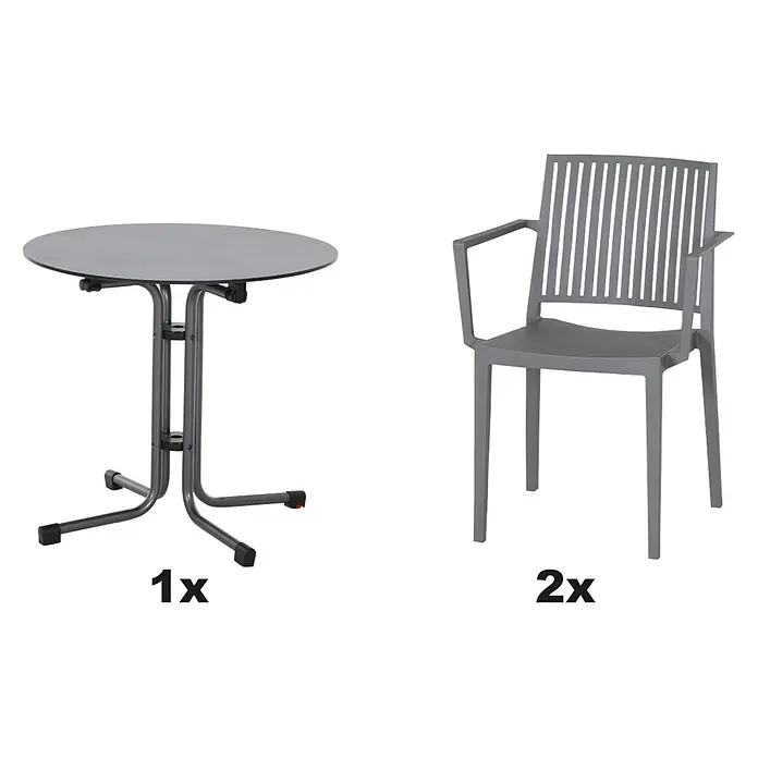 Siena Garden Urban Lights Gartenmöbel-Set Lane Sessel/Sola Tisch - 3 -tlg., Polypropylen, Hochdruck-Schichtpressstoff (HPL), Grau/Anthrazit - Ein grauer Gartentisch mit einem grauen Gartenstuhl. Das Set beinhaltet einen Tisch und zwei Stühle.