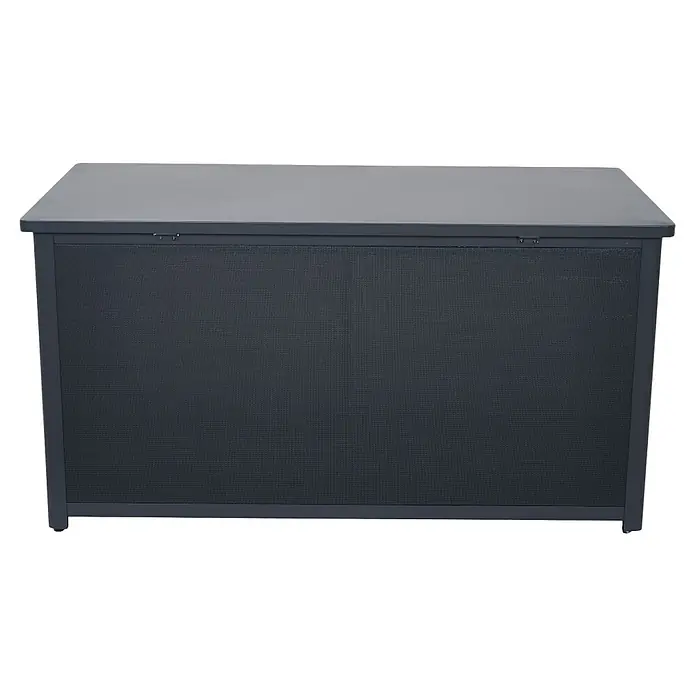 Siena Garden Garten-Aufbewahrungsbox Sabano - 159 x 79,3 x 83 cm, Aluminium, Anthrazit - Nahaufnahme einer grauen, rechteckigen Gartenbox mit strukturierter Oberfläche, ideal für die Aufbewahrung von Gartenutensilien.