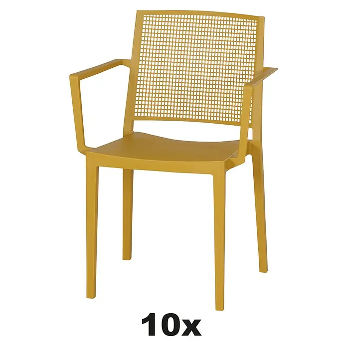 Siena Garden Urban Lights Stapelsessel Set Square - 10 Stk., Polypropylen, Stapelbar, Mustard, B x T x H: 56 x 56 x 80 cm - Abbildung eines senffarbenen Kunststoffstuhls mit Armlehnen und Netzmuster auf der Rückenlehne, ideal für den Außenbereich.