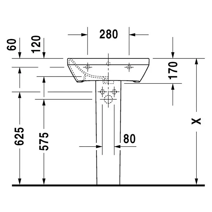 Duravit DuraStyle Waschtisch Typ 2 - 55 x 44 cm, Ohne Spezialglasur, Hahnloch: Mitte, Mit Überlauf, Weiß - Waschbecken mit Maßen. Die Gesamthöhe (X) muss berechnet werden, andere Maße sind gegeben.