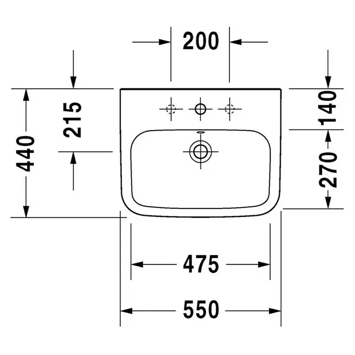 Duravit DuraStyle Waschtisch Typ 2 - 55 x 44 cm, Mit schmutzabweisender Glasur, Hahnloch: Mitte, Mit Überlauf, Weiß - Detailansicht des Waschtischs mit Bemaßung. Kompaktes Design mit klaren Linien und präzisen Maßangaben für die Planung.