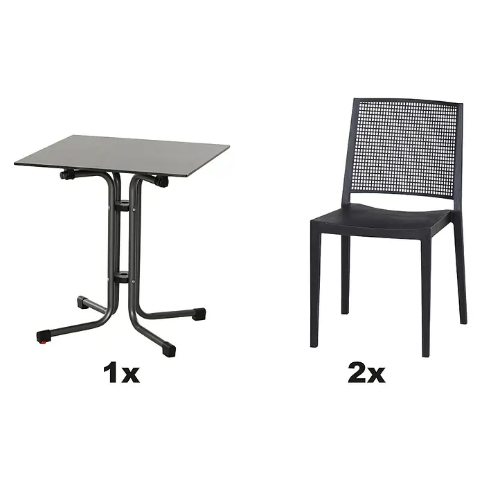 Siena Garden Urban Lights Gartenmöbel-Set Square Stuhl/Sola Tisch - 3 -tlg., Polypropylen, Anthrazit - Produktabbildung: Ein grauer Klapptisch und zwei graue Stühle mit Gittermuster. Die Möbel sind modern und funktional gestaltet.