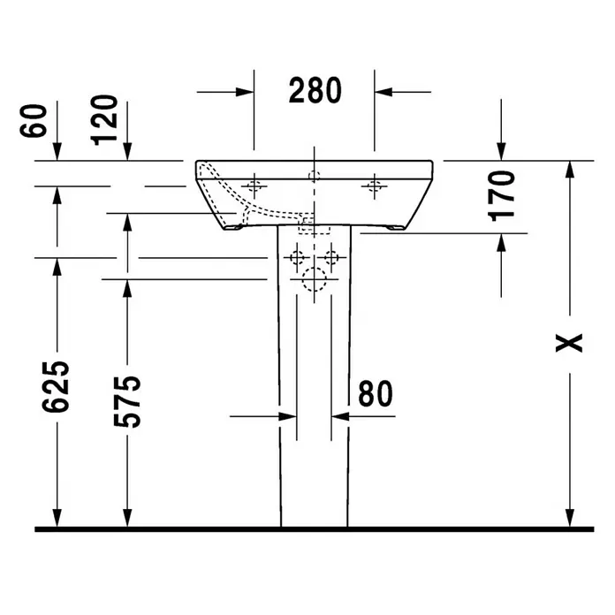 Duravit DuraStyle Waschtisch Typ 2 - 55 x 44 cm, Mit schmutzabweisender Glasur, Hahnloch: Mitte, Mit Überlauf, Weiß - Schema des Waschbeckens mit Unterschrank mit den Maßen 280 x 120 x 170 x 625 x 575 x 80 mm, zur Information über die Produktabmessungen.