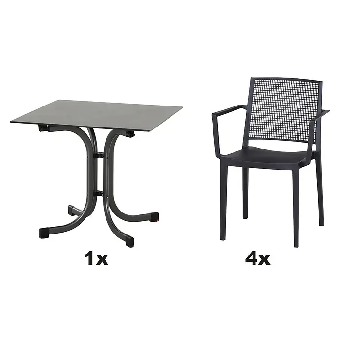 Siena Garden Urban Lights Gartenmöbel-Set Square Sessel/Sola Tisch - 3 -tlg., Polypropylen, Anthrazit - Bild eines Gartentisches und vier Gartenstühle, ideal für Mahlzeiten im Freien.