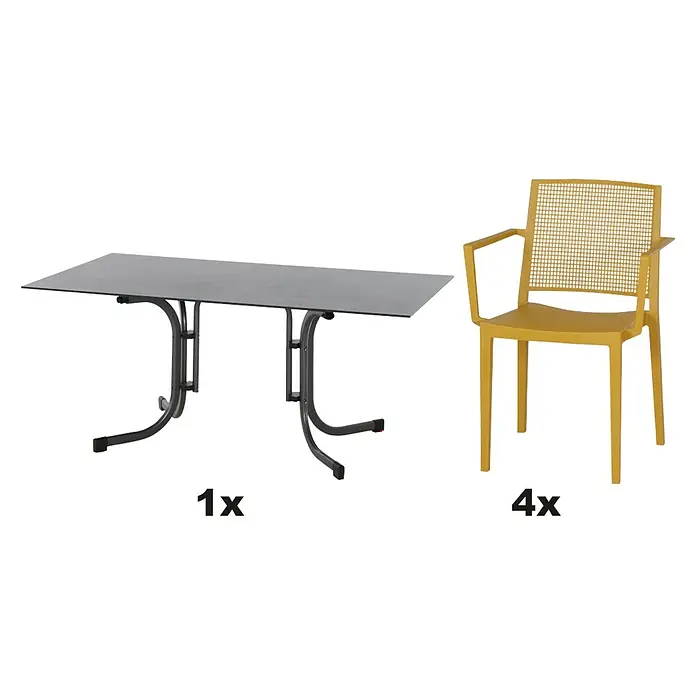 Siena Garden Urban Lights Gartenmöbel-Set Square Sessel/Sola Tisch - 5 -tlg., Polypropylen, Mustard/Anthrazit - Abbildung eines Gartentisches und vier gelbe Stühle, ideal für den Außenbereich.