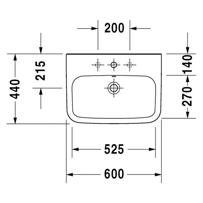 Duravit DuraStyle Waschtisch Typ 2 - 60 x 44 cm, Mit schmutzabweisender Glasur, Hahnloch: Mitte, Mit Überlauf, Weiß - Draufsicht des Duravit Waschtisch Vero Air mit genauen Maßangaben für Installation und Design.