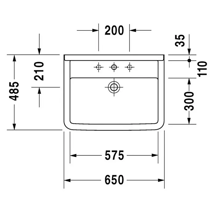 Duravit Starck 3 Waschtisch Typ 2 - 65 x 48,5 cm, Ohne Spezialglasur, Hahnloch: Mitte, Mit Überlauf, Weiß - Schemazeichnung eines Waschbeckens mit Maßangaben, das Design und die Abmessungen des Produkts hervorhebt.