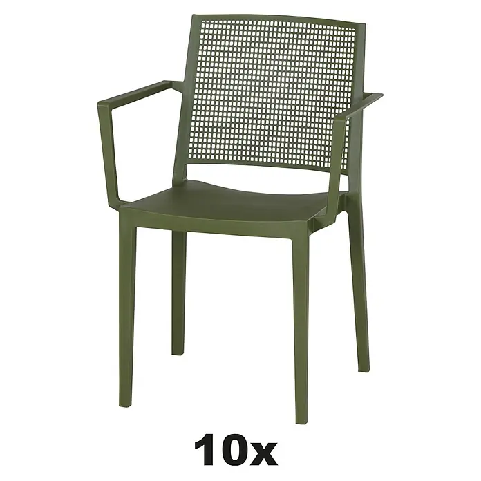 Siena Garden Urban Lights Stapelsessel Set Square - 10 Stk., Polypropylen, Stapelbar, Olive, B x T x H: 56 x 56 x 80 cm - Abbildung eines olivgrünen Gartenstuhls mit Armlehnen und einer perforierten Rückenlehne für den Außenbereich.