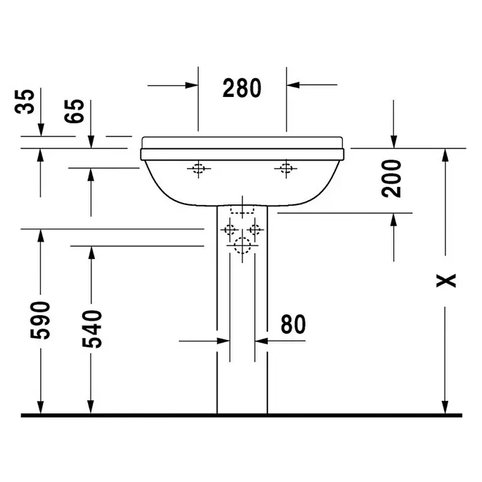 Duravit Starck 3 Waschtisch Typ 2 - 65 x 48,5 cm, Ohne Spezialglasur, Hahnloch: Mitte, Mit Überlauf, Weiß - Detailzeichnung eines Waschbeckens mit Maßen, das die Abmessungen und Designmerkmale hervorhebt.