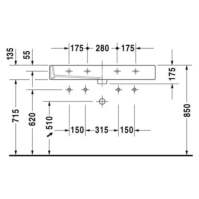 Duravit Vero Doppelwaschtisch - 100 x 47 cm, Ohne Spezialglasur, Hahnloch: Mitte, Mit Überlauf, Weiß, Ungeschliffen - Technische Zeichnung eines Waschbeckens mit Maßen für Installation und Planung.\n