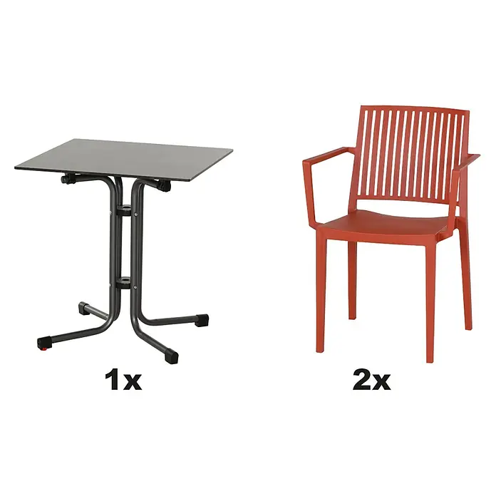 Siena Garden Urban Lights Gartenmöbel-Set Lane Sessel/Sola Tisch - 3 -tlg., Polypropylen, Rot/Anthrazit - Produktabbildung: Ein grauer Klapptisch und zwei rote Stühle.