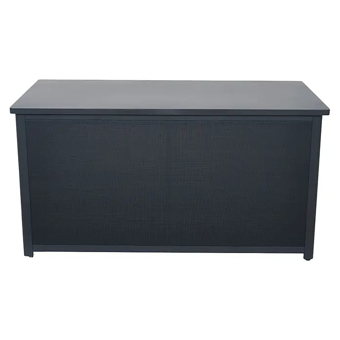 Siena Garden Garten-Aufbewahrungsbox Sabano - 159 x 79,3 x 83 cm, Aluminium, Anthrazit - Bild eines modernen Outdoor-Aufbewahrungsschranks mit dunklem, strukturiertem Stoff und schlichtem Design. Ideal zur wetterfesten Aufbewahrung von Gartenutensilien.