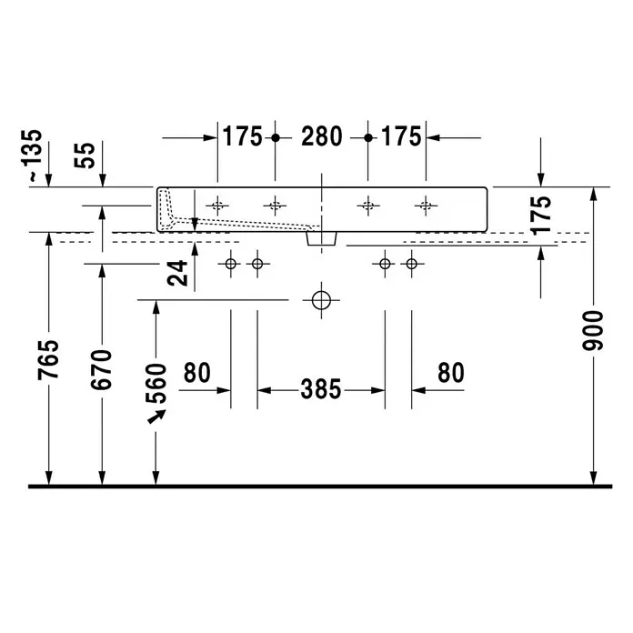 Duravit Vero Doppelwaschtisch - 100 x 47 cm, Ohne Spezialglasur, Hahnloch: Mitte, Mit Überlauf, Weiß, Geschliffen - Eine schematische Zeichnung eines Waschbeckens mit Maßangaben, die die Abmessungen und Installationsdetails zeigt.