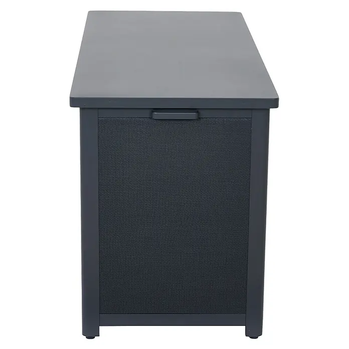 Siena Garden Garten-Aufbewahrungsbox Sabano - 135,5 x 58,7 x 75 cm, Aluminium, Anthrazit - Nahaufnahme einer grauen Aufbewahrungsbox mit Griff und texturiertem Einsatz. Ideal für die stilvolle Organisation im Innen- oder Außenbereich.