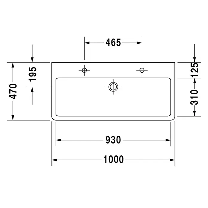 Duravit Vero Doppelwaschtisch - 100 x 47 cm, Mit schmutzabweisender Glasur, Hahnloch: Mitte, Mit Überlauf, Weiß, Ungeschliffen - Abbildung eines Waschtisches mit Bemaßungen. Die Maße des Waschbeckens sind in Millimetern angegeben und zeigen die Breite, Tiefe und Höhe des Produkts.