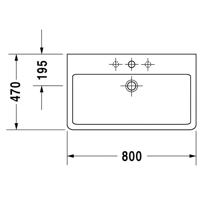 Duravit Vero Waschtisch - 80 x 47 cm, Ohne Spezialglasur, Hahnloch: Mitte, Mit Überlauf, Weiß, Geschliffen - Abbildung eines rechteckigen Waschbeckens mit Maßangaben.