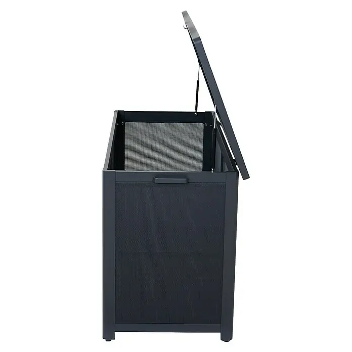 Siena Garden Garten-Aufbewahrungsbox Sabano - 135,5 x 58,7 x 75 cm, Aluminium, Anthrazit - Eine graue Gartenbox mit offenem Deckel, die sich ideal zur Aufbewahrung von Gartenutensilien eignet. Robustes Design für den Außenbereich.
