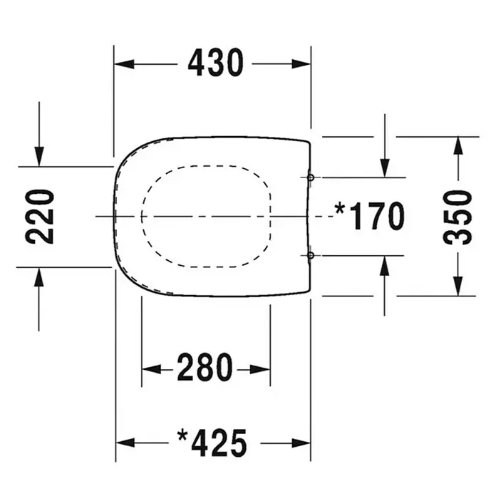 Duravit D-Code WC-Sitz - Duroplast, Weiß, Ohne Absenkautomatik - Draufsicht einer WC-Brille mit Bemaßung. Die Maße sind 430x220 mm (außen) und 280x170 mm (innen). Die Befestigungsbolzen haben einen Abstand von 350 mm.