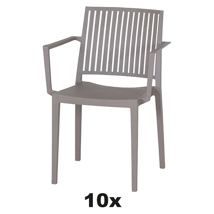 Siena Garden Urban Lights Stapelsessel Set Lane - 10 Stk., Polypropylen, Stapelbar, Taupe, B x T x H: 57 x 56 x 80 cm - Abbildung eines grauen Gartenstuhls mit Armlehnen und vertikalen Streben in der Rückenlehne.