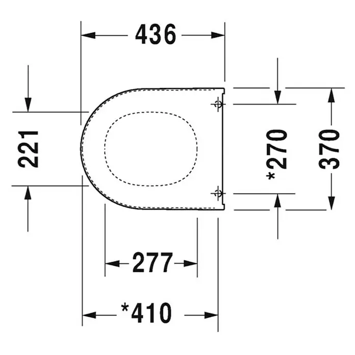 Duravit Starck 3 WC-Sitz - Duroplast, Weiß, Ohne Absenkautomatik - Draufsicht auf einen Toilettensitz mit den Maßen 436 x 221 mm und Montageabstand 270-370 mm. Gesamtbreite beträgt 410 mm.