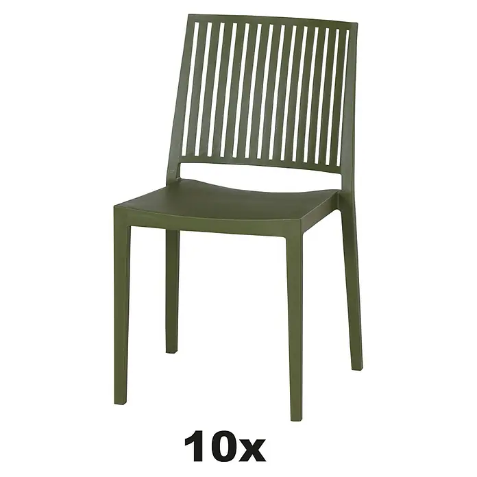 Siena Garden Urban Lights Stapelstuhl Set Lane - 10 Stk., Polypropylen, Stapelbar, Olive, B x T x H: 46 x 56 x 80 cm - Ein grüner Gartenstuhl mit Lattenrost-Design, ideal für den Außenbereich, angeboten im 10er-Pack.