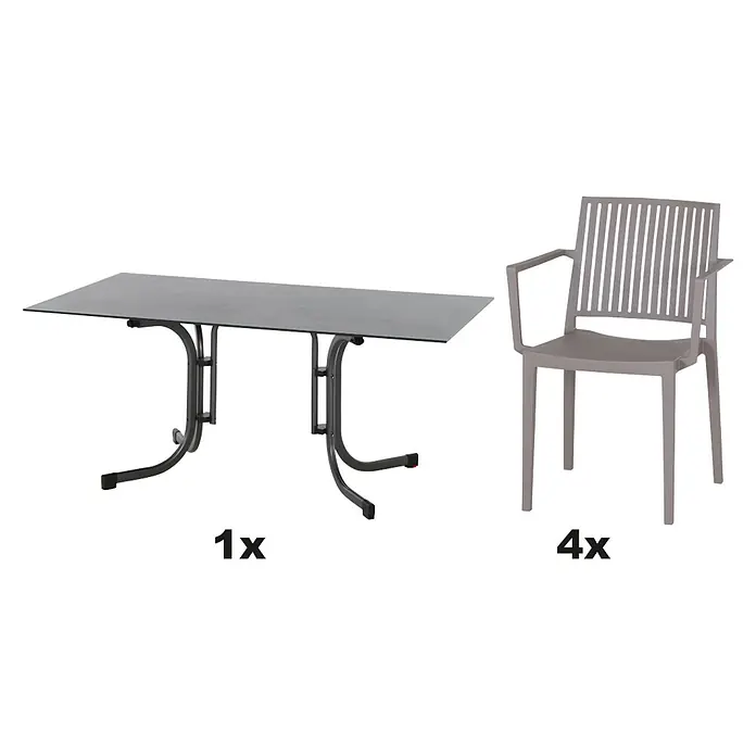 Siena Garden Urban Lights Gartenmöbel-Set Lane Sessel/Sola Tisch - 5 -tlg., Polypropylen, Taupe/Anthrazit - Produktbild von einem Gartentisch (1x) und vier passenden Stühlen (4x) in neutralen Farben, ideal für den Außenbereich.