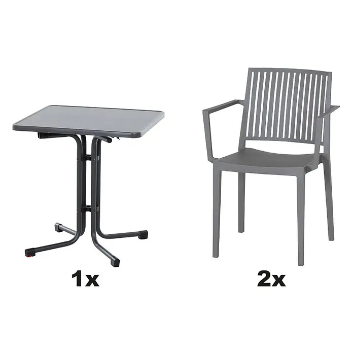 Siena Garden Urban Lights Gartenmöbel-Set Lane Sessel/Paco Tisch - 3 -tlg., Polypropylen, Grau/Anthrazit - Produktbild: Ein grauer Klapptisch (1x) und zwei graue Gartenstühle mit Armlehnen (2x).