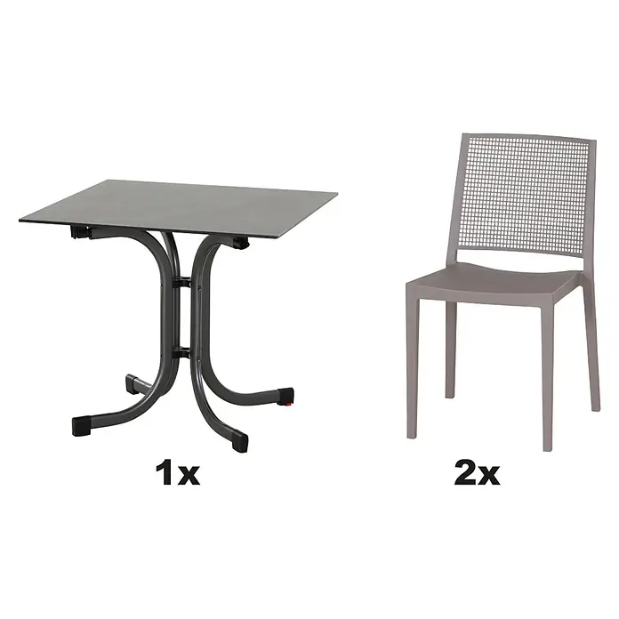 Siena Garden Urban Lights Gartenmöbel-Set Square Stuhl/Sola Tisch - 3 -tlg., Polypropylen, Taupe/Anthrazit - Ein grauer Gartentisch mit einem Stuhl. Der Tisch hat ein Metallgestell und die Stühle haben ein Netzmuster auf der Rückseite.