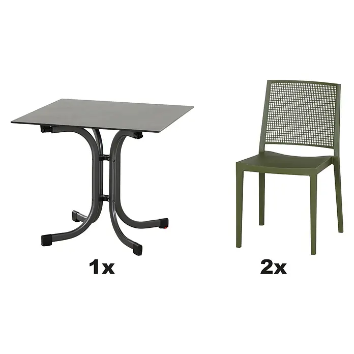 Siena Garden Urban Lights Gartenmöbel-Set Square Stuhl/Sola Tisch - 3 -tlg., Polypropylen, Olive/Anthrazit - Ein grauer Gartentisch und zwei grüne Gartenstühle. Das Set ist ideal für den Balkon oder die Terrasse.