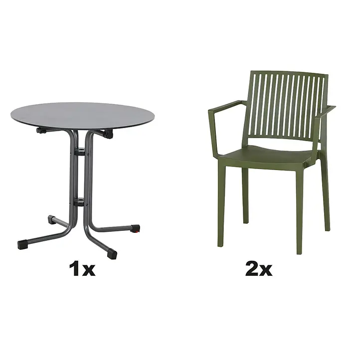 Siena Garden Urban Lights Gartenmöbel-Set Lane Sessel/Sola Tisch - 3 -tlg., Polypropylen, Hochdruck-Schichtpressstoff (HPL), Olive/Anthrazit - Abbildung eines Bistrotisches mit einem grauen Tischblatt und einem Olivgrünen Stuhl (2 Stück) mit Armlehnen und vertikalen Streben.