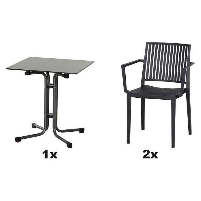 Siena Garden Urban Lights Gartenmöbel-Set Lane Sessel/Sola Tisch - 3 -tlg., Polypropylen, Anthrazit - Bild eines schwarzen Klapptisches und zwei schwarzen Armlehnstühlen. Praktisches und stilvolles Set für drinnen und draußen.