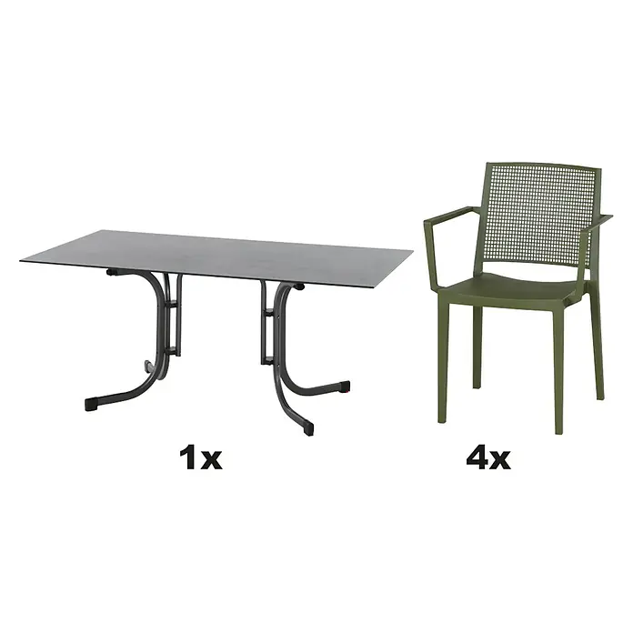 Siena Garden Urban Lights Gartenmöbel-Set Square Sessel/Sola Tisch - 5 -tlg., Polypropylen, Olive/Anthrazit - Bild eines Esstischsets mit einem Tisch und vier Stühlen, ideal für den Essbereich oder die Terrasse.