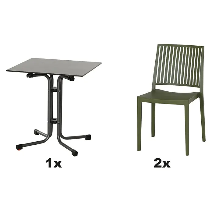 Siena Garden Urban Lights Gartenmöbel-Set Lane Stuhl/Sola Tisch - 3 -tlg., Polypropylen, Olive/Anthrazit - Abbildung eines Klapptisches und zwei olivgrüne Stühle, ideal für kleine Räume oder als zusätzliche Sitzgelegenheit im Garten.