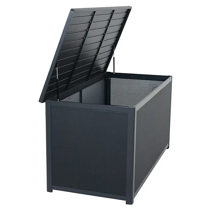Siena Garden Garten-Aufbewahrungsbox Sabano - 159 x 79,3 x 83 cm, Aluminium, Anthrazit - Geöffnete graue Gartenbox mit Lattenrostdeckel und geflochtenen Seitenwänden bietet viel Stauraum.
