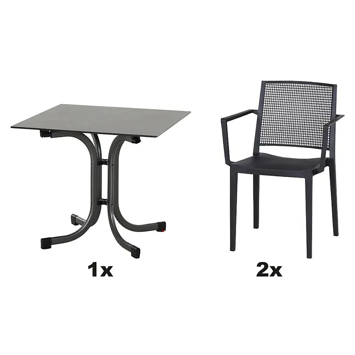 Siena Garden Urban Lights Gartenmöbel-Set Square Sessel/SolaTisch - 3 -tlg., Polypropylen, Anthrazit - Gartenset bestehend aus einem Tisch und zwei schwarzen Stühlen mit Armlehnen und einem Netzmuster im Rückenteil.
