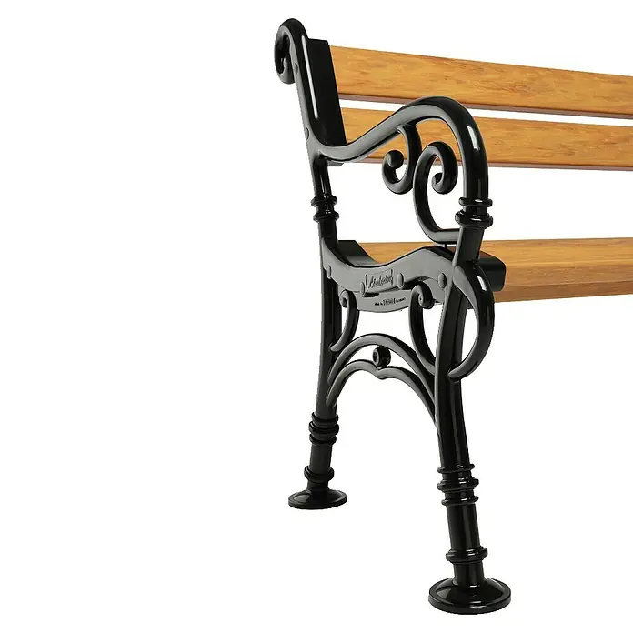 Blome Gartenbank Linderhof - B x T x H: 115 x 60 x 85 cm, Holzoptik - Detailaufnahme einer Parkbank mit hölzernen Sitzflächen und kunstvollen, schwarzen Metallarmlehnen vor neutralem Hintergrund.