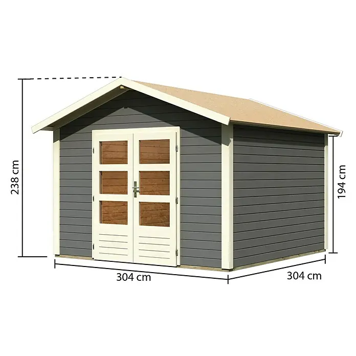 Karibu Gartenhaus Talkau 8 - Außenmaß inkl. Dachüberstand (B x T): 330 x 330 cm, Holz, Grau - Ansicht eines Gartenhauses mit den Maßen 304 x 304 x 238 cm, ideal für die Aufbewahrung von Gartengeräten.