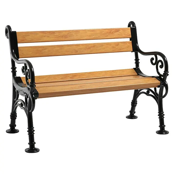 Blome Gartenbank Linderhof - B x T x H: 115 x 60 x 85 cm, Holzoptik - Diese Aufnahme zeigt eine detailreiche Parkbank mit Holzlatten und elegantem, schwarzem Metallgestell vor neutralem Hintergrund.