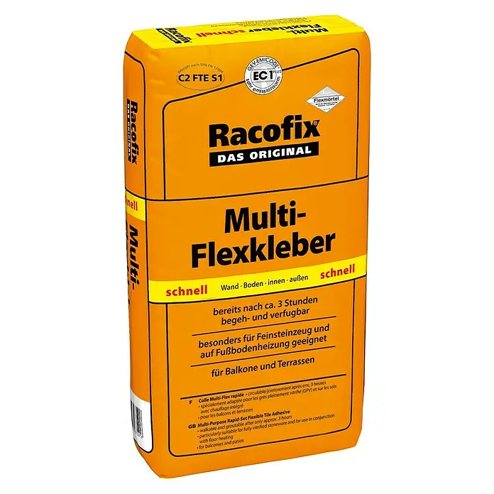 Racofix Flexkleber Multi-Flexkleber Schnell - 25 kg - Abbildung eines Sackes Racofix Multi-Flexkleber, ein schnellhärtender, flexibler Fliesenkleber für verschiedene Anwendungen.