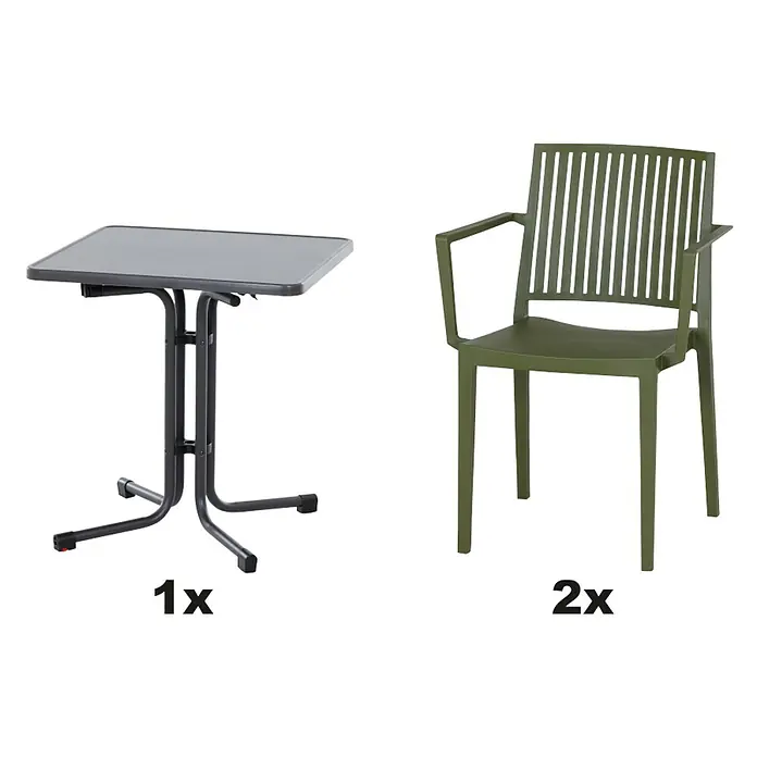 Siena Garden Urban Lights Gartenmöbel-Set Lane Sessel/Paco Tisch - 3 -tlg., Polypropylen, Olive/Anthrazit - Produktabbildung: Ein grauer Klapptisch und zwei olivgrüne Gartenstühle mit Armlehnen, ideal für den Außenbereich.