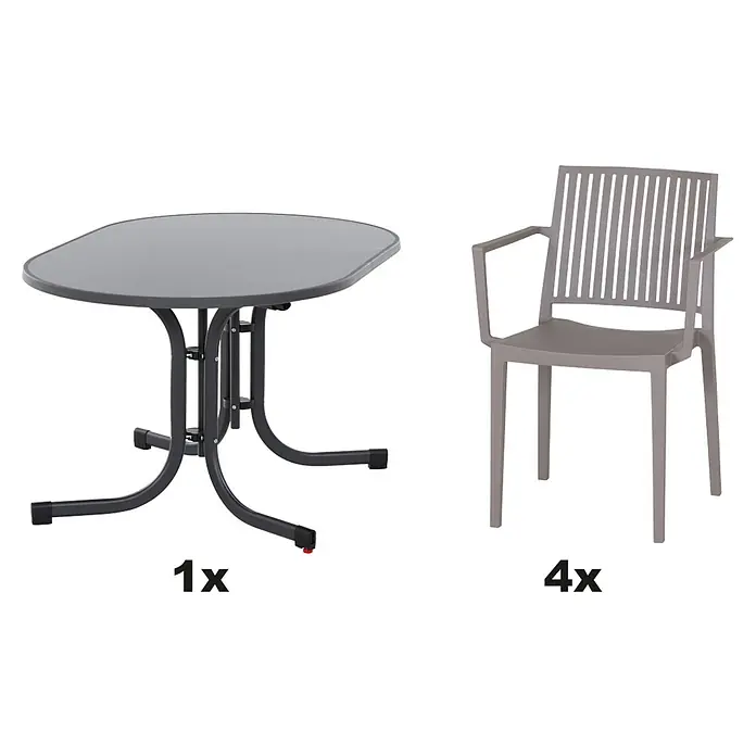 Siena Garden Urban Lights Gartenmöbel-Set Lane Sessel/Paco Tisch - 5 -tlg., Polypropylen, Taupe/Anthrazit - Bild von einem Gartentisch mit 4 Stühlen, ideal für den Außenbereich. Das Set bietet Komfort und Stil für Mahlzeiten im Freien.